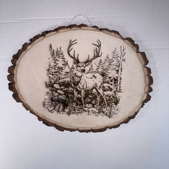 2/$50 Rustic Wood Slice Wall Art – Deer in Forest Scene – 16” Oval - Picture 2 of 5